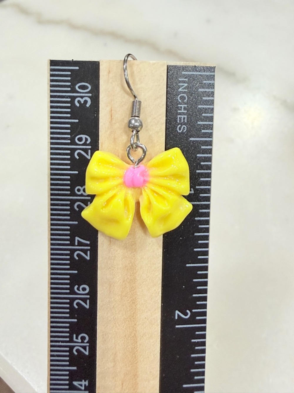 Cute Yellow Bow Dangle Earrings Pink Center Kawaii Ribbon Jewelry - Picture 2 of 3